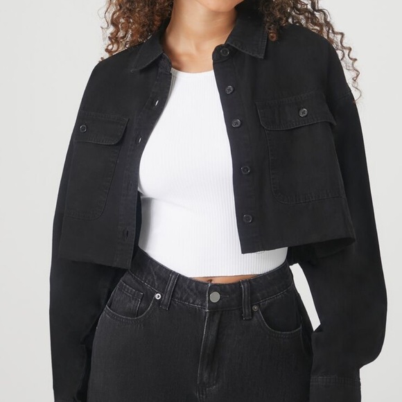 Forever 21 Jackets & Blazers - Cropped Black Cotton Raw-Cut Long Sleeve Shirt Jacket Top size 2X NWT
